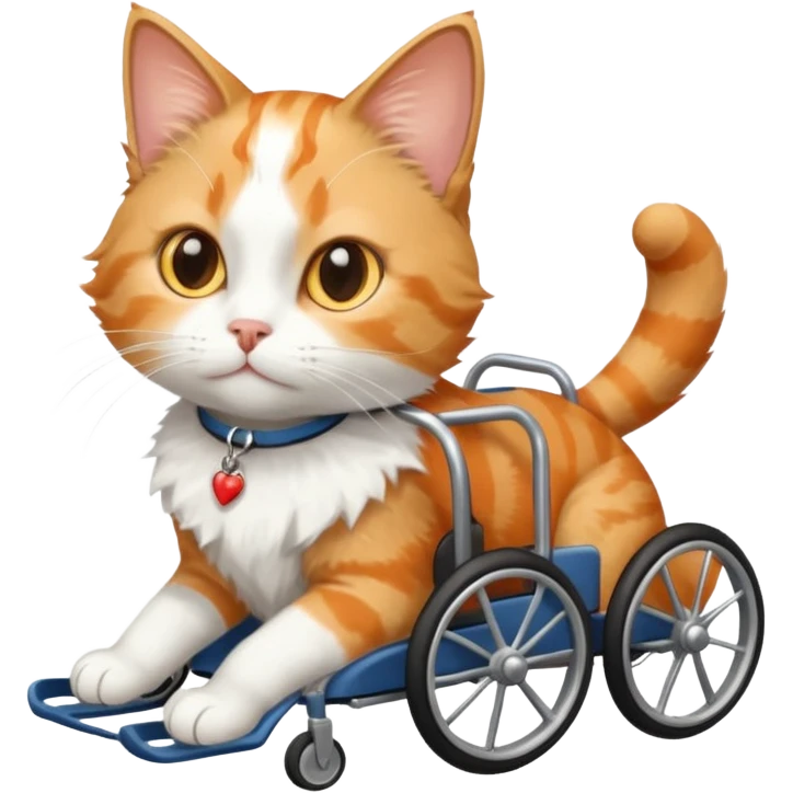 disabled orange tabby and white small cat using cat wheelchair emoji