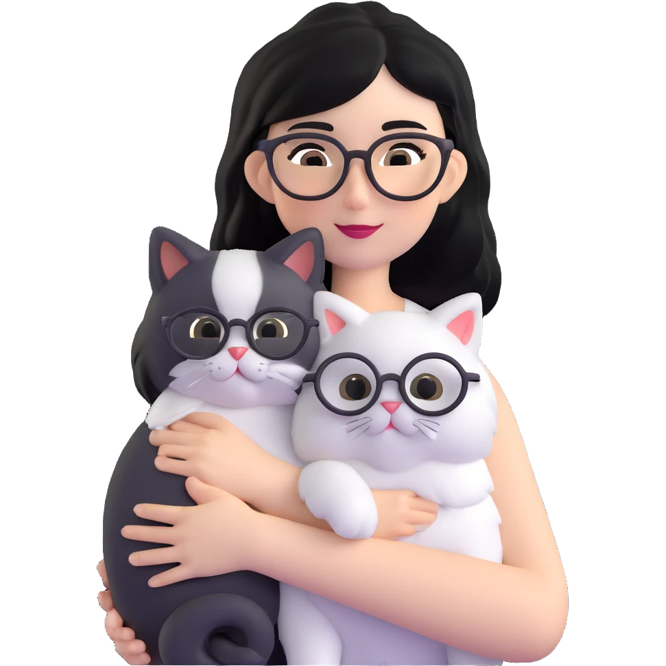 Skinny woman with oval glasses, shoulder length straight black hair, wearing white sleeveless top, hugging a Persian-Angora cat that's gray and white like Oreo cookies, plain background emoji