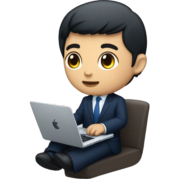 memoji of a young man with a laptop in front, apple-style, on laptop with a blue sticker with 4 letters: "WYZE", modern, dark hair, dark blue suit, computer in hand, chinese skin, sitting on this desk emoji