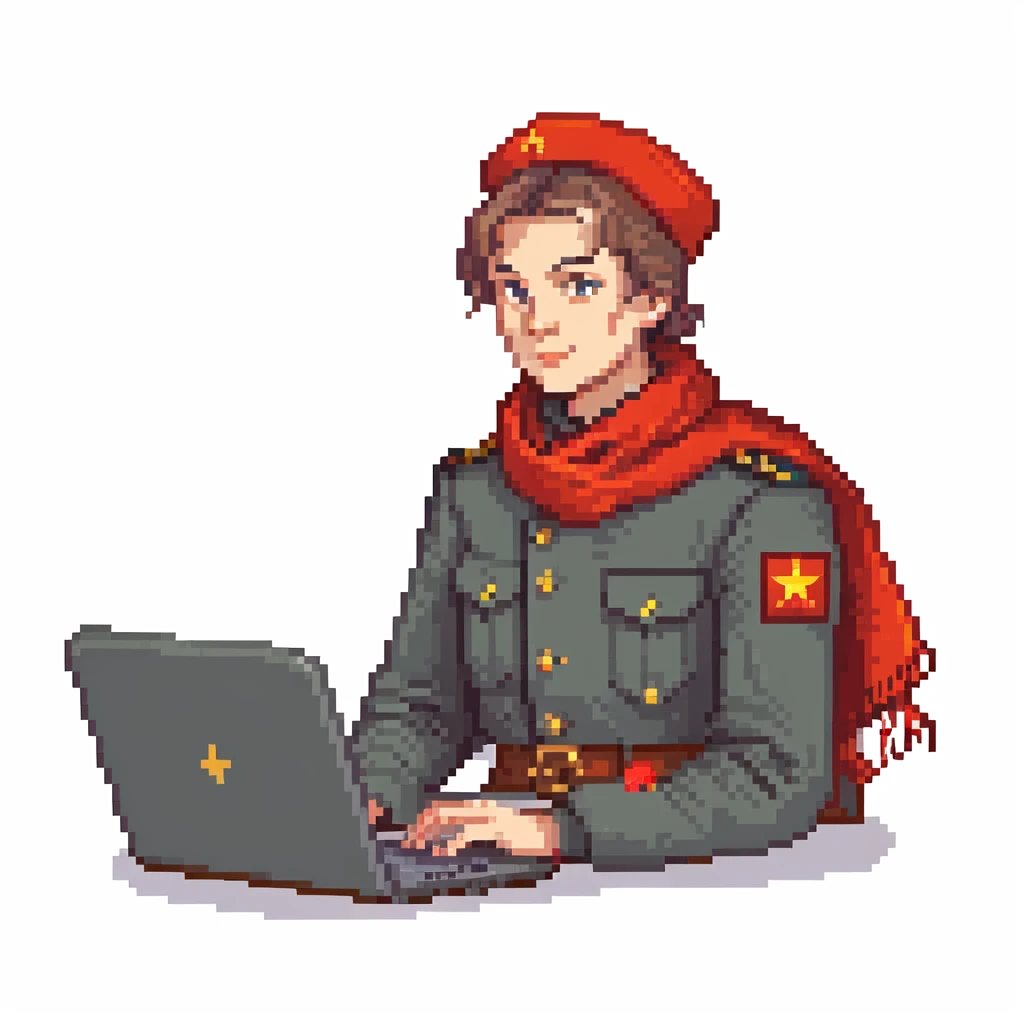 Young Soviet pioneer with red scarf and uniform using a laptop emoji