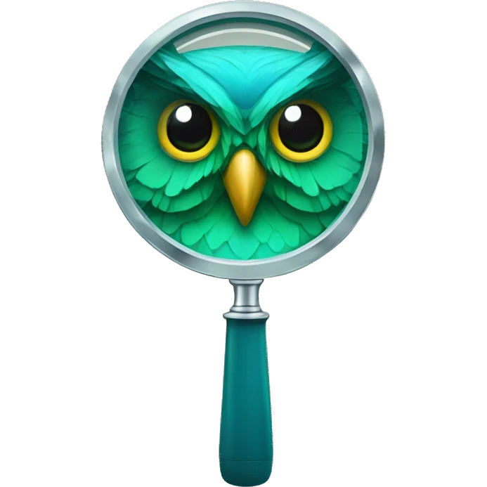 magnifying glass with blue green owl head emoji