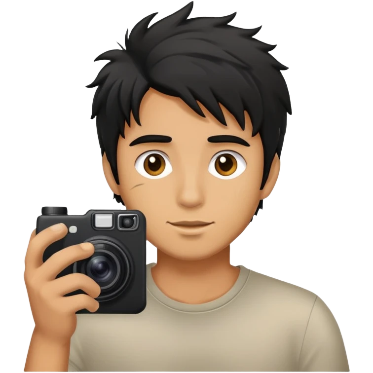 a man with black messy hair taking a photo emoji