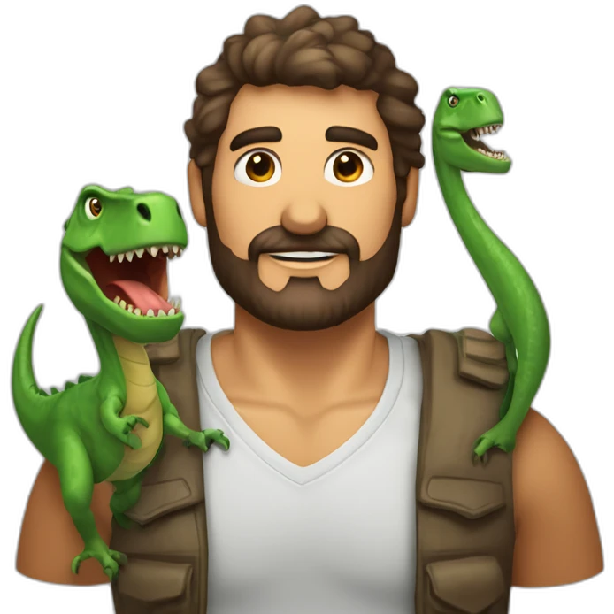 hombre de pelo castaño con barba, y ojos verdes Junto a un dinosaurio emoji
