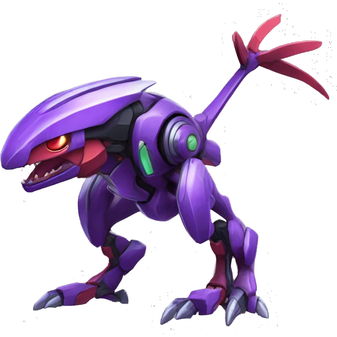a shiny purple-green-red Genesect-Raptor-Fakémon—hybrid with a futuristic visor-helmet full body emoji