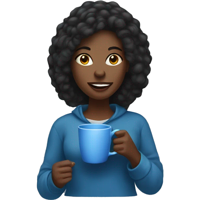 black woman, straight hair, holding blue mug of coffee with a cozy expression emoji