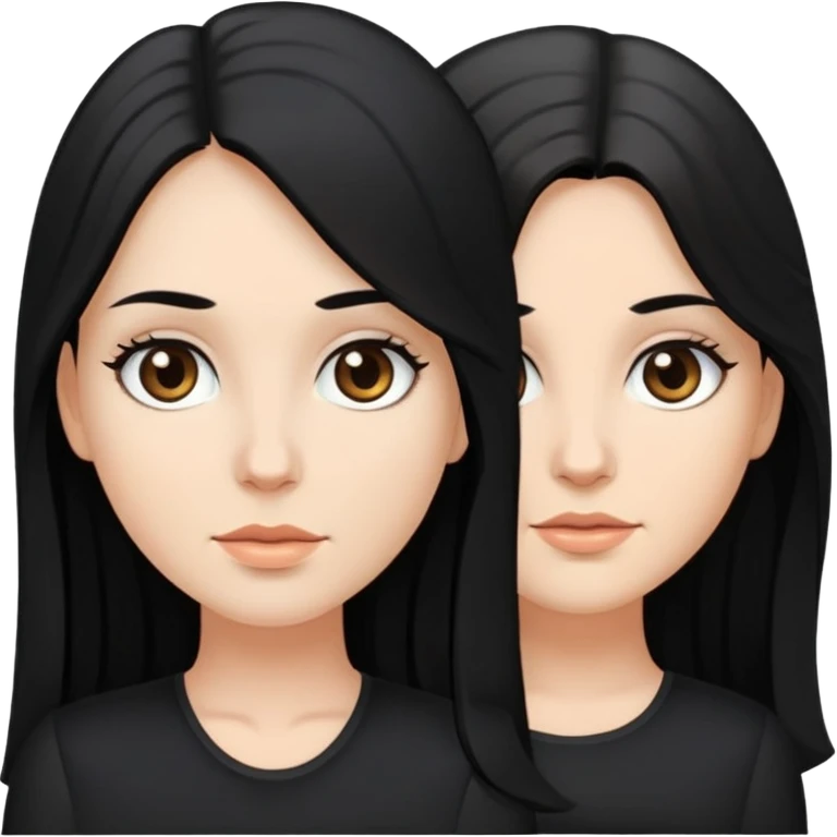 white woman with rounded brown eyes, long black hair, black blouse emoji