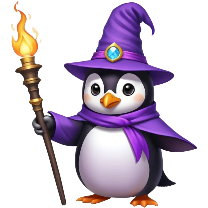 Wizard pinguin with purple magican hat, holding torch emoji