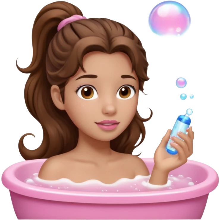 girl with wavy long ponytail brown hair, brown eyes, light to medium complexion, long lashes, light pink lipstick, wearing light pink shirt, taking a bubble bath emoji