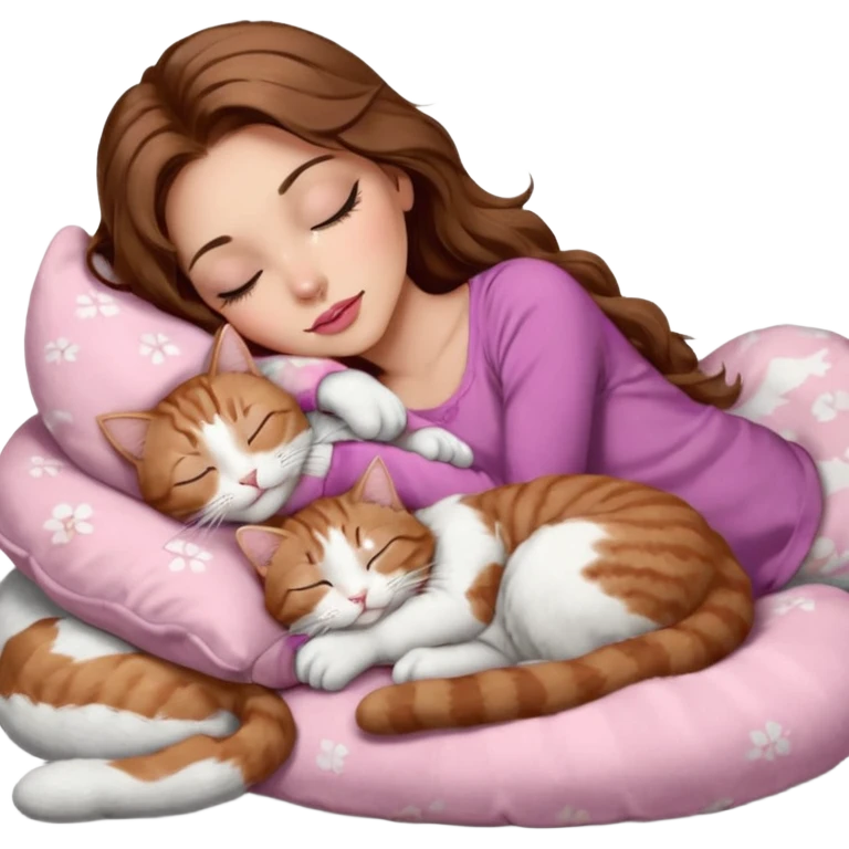 girl with long wavy brown hair, brown eyes, long lashes makeup, sexy pink lips, light to medium complexion,  sleeping on a cozy pillow, with 6 cats: 1 brown and white tabby cat, 1 ginger and white, 2 grey and white, 1 grey with white mittens and small white patch on chest and 1 calico, sleeping emoji