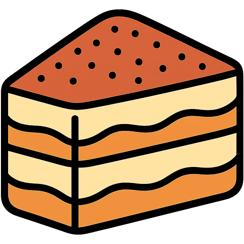 Tiramisu dessert slice with coffee-soaked ladyfingers, mascarpone cream layers, and cocoa powder on top emoji