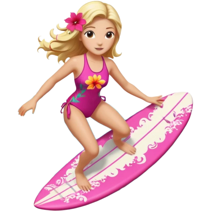 cute female surfer riding waves, hibiscus flower in hair, tropical swimsuit, colorful surfboard with Hawaiian patterns, water splash, 3D cartoon, mobile game icon style, clean background, no text emoji