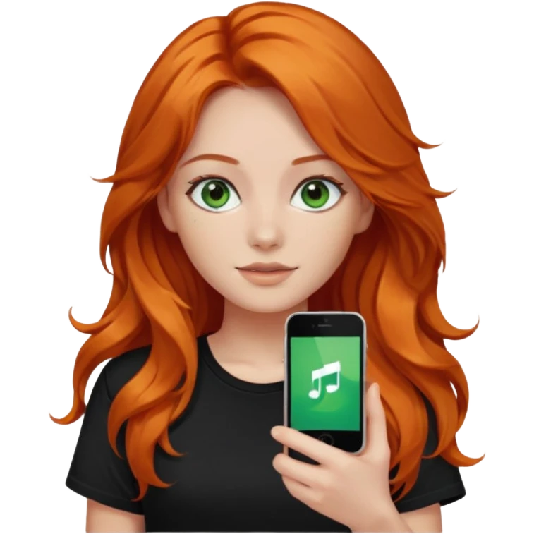 Girl with dark long orange wavy hair, green eyes, and black t-shirt with iphone tiktok on hand emoji