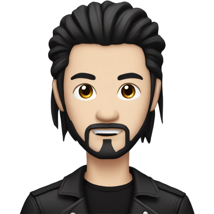 Chinese Man with pale skin, very long black hair, black goatee, square jawline, eyeliner, black leather jacket, black pants, black shirt and pentacle necklace emoji