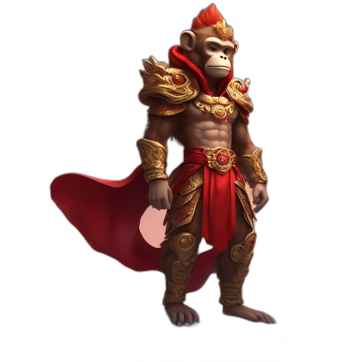 Monkey King with Red Cape stand on a cloud，full body，upward view，cyberpunk style emoji