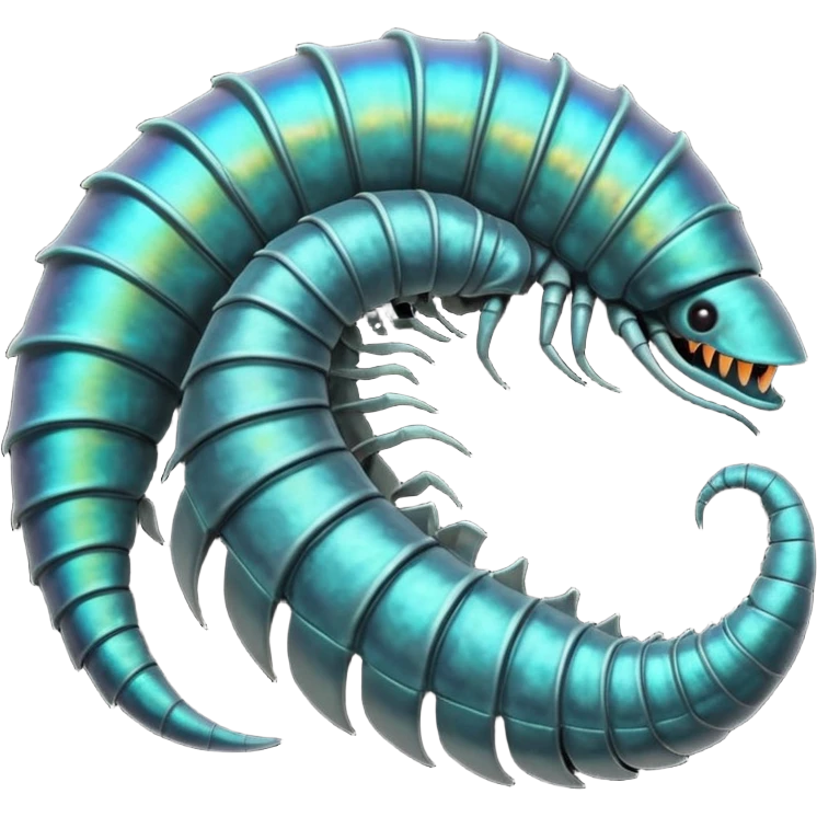 An iridescent, chitinous trilobite with glowing cyan eyes pulses rhythmically as a miniature black hole orbits its brow, distorting space-time. Its fractal-patterned exoskeleton shifts colors unsettlingly, and its mouth opens into a spiraling void that hums with forgotten whispers. emoji