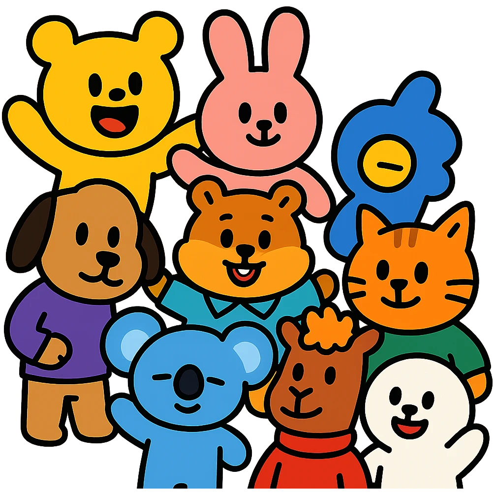 BTS members as cartoon animals, playful and fun, group setting emoji