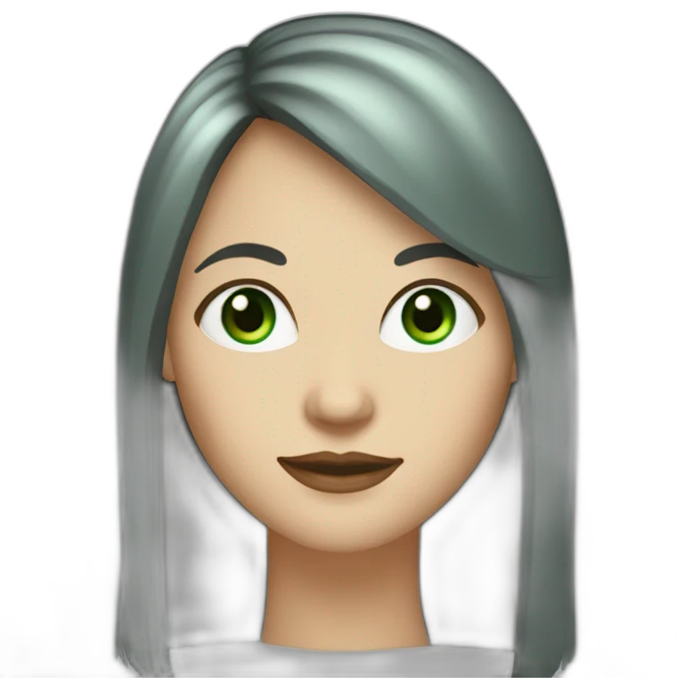 40 year old white woman with green eyes and long dark hair and a fringe and oval shape face emoji