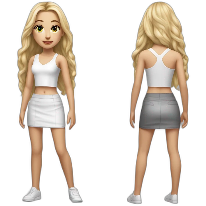 hyperrealist caucasian girl, long straight blonde hair, white v-neck laced crop tanktop, grey tight micro skirt emoji