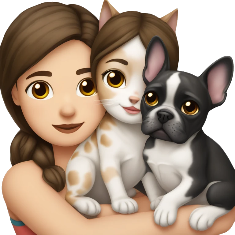 brunette hair girl cuddling a black and white frenchbulldog and a lynx point tabby cat emoji