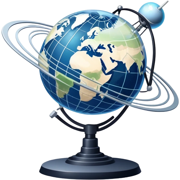 An icon featuring a satellite dish on planet Earth aimed at an orbiting satellite. The design includes signal waves, a globe with network lines, and data beams connecting devices, symbolizing global communication and data transfer. Transparent background emoji