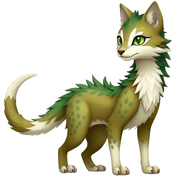 Kawaii cool edgy brown beige white fantasy ethereal feline-vernid-sergal-fursona animal creature with a tufted tail full body with intricate markings, hazel-gold-green eyes emoji