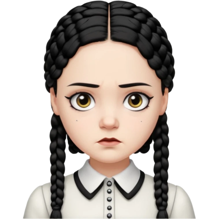 Draw Wednesday Addams with pale skin, black braids, white-collared dress & serious expression. emoji