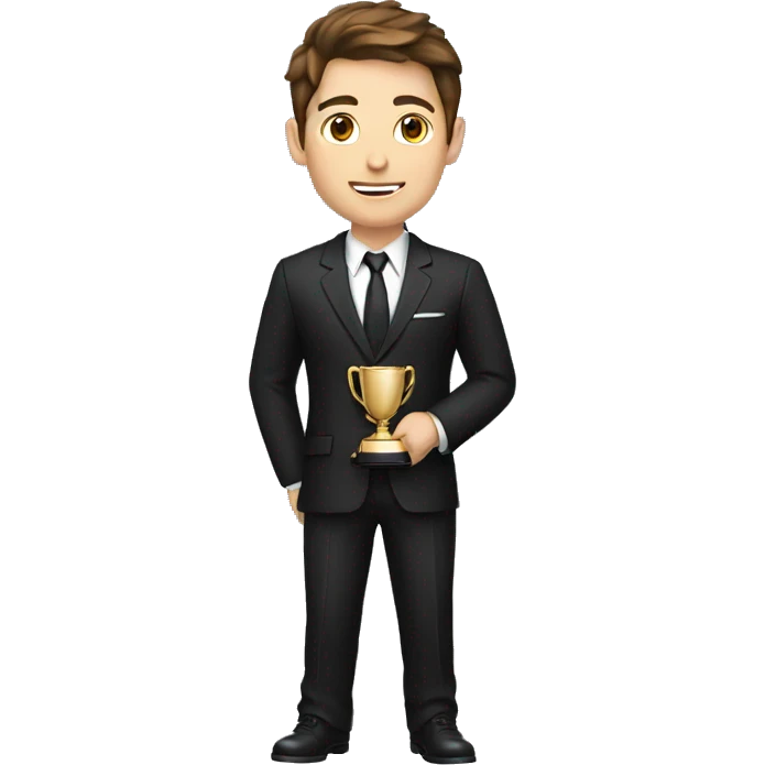 A young man with brown hair with a black suit holding a trophey, full body emoji