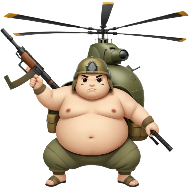 A fat sumo fighter holding a RPG with a army helmet and he’s hanging off a side of a helicopter  emoji
