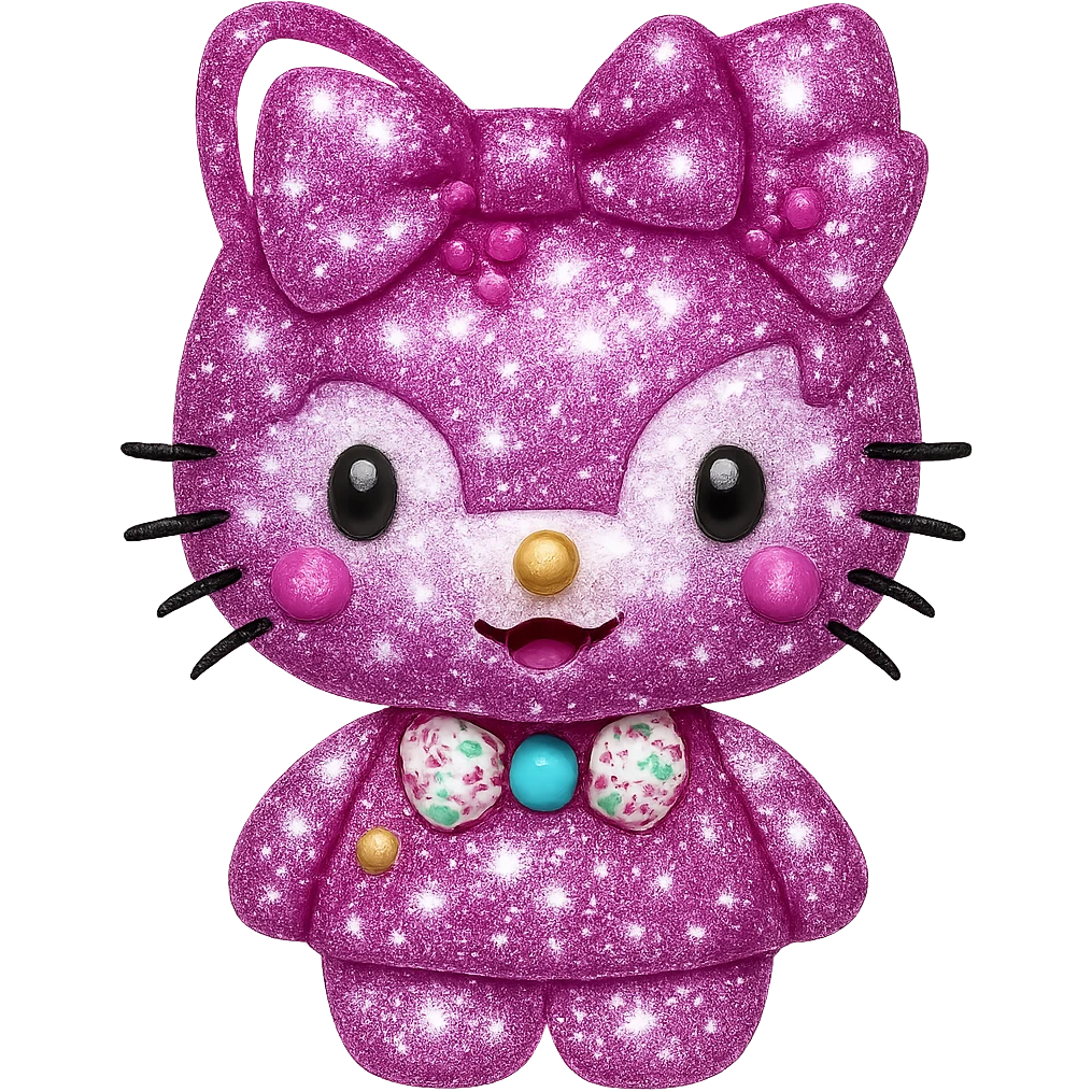 Add even more sparkling glitter to Hello Kitty, make the glitter extra shiny and prominent, keep the emoji style, no background. emoji