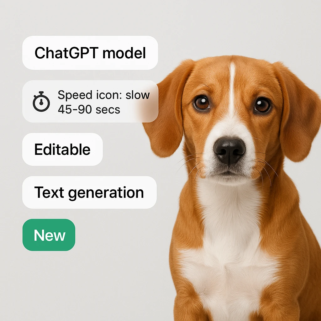1:1 image of a dog for web UI, seamlessly integrated with tags 'ChatGPT model', 'Speed icon: slow 45-90 secs', 'Editable', 'Text generation', 'New' in a seamless, modern style suitable for a website image emoji