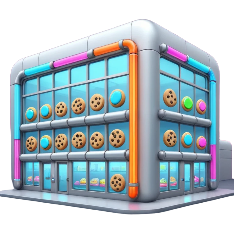 Outside view of a futuristic cookie factory, sleek silver walls, robotic arms visible through glass panels, glowing neon pipes along the structure, emoji-style emoji