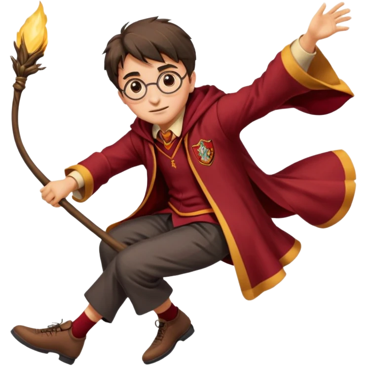 Cartoon-style illustration of Harry Potter flying on a broomstick, Gryffindor red and gold outfit, expressive face, dynamic motion, magical vibe, smooth shading, vibrant colors, no background, transparent background, isolated character. emoji