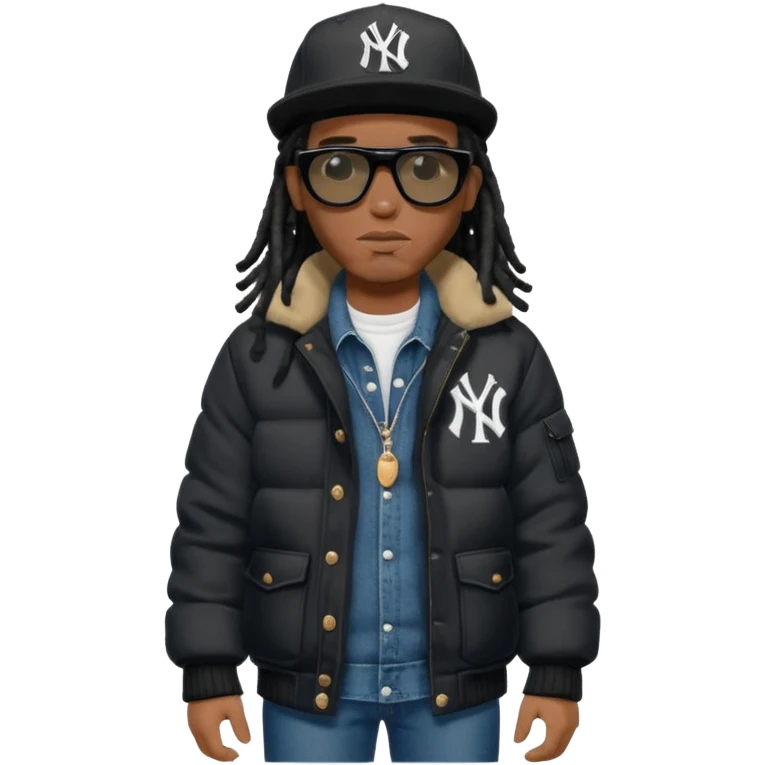 African American man with shoulder length black dreadlocks wearing black sunglasses with black bubble winter coat wearing a New York Yankees baseball hat with arms folded wearing denim skinny jeans and timberland boots emoji