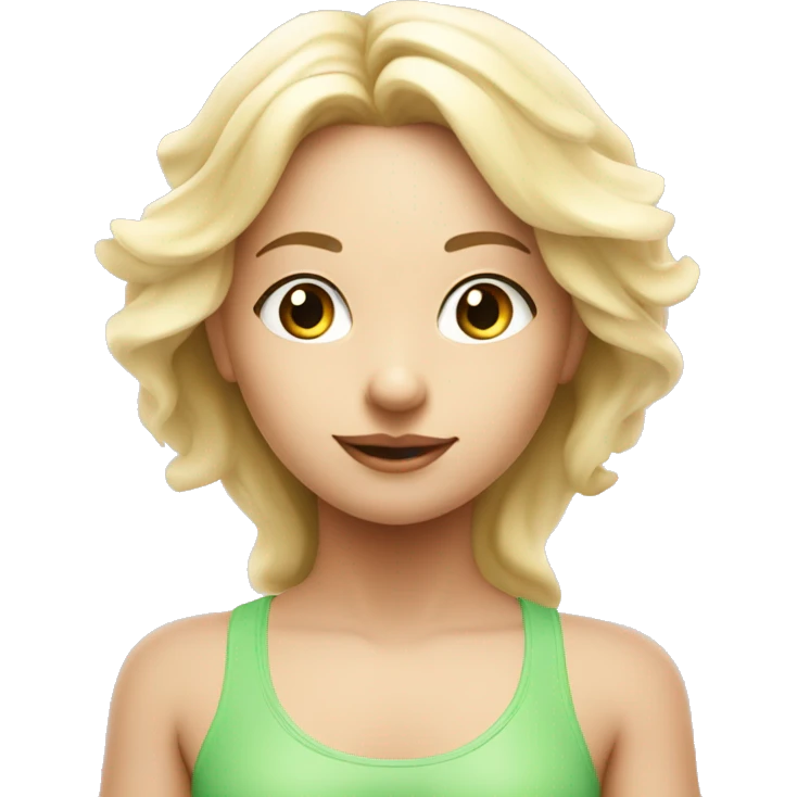 angelic blonde yoga girl in light pink yoga outfit and eyes green emoji