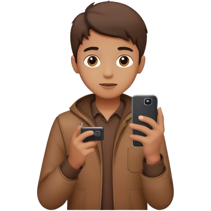 boy in brown clothes taking a photo with phone emoji