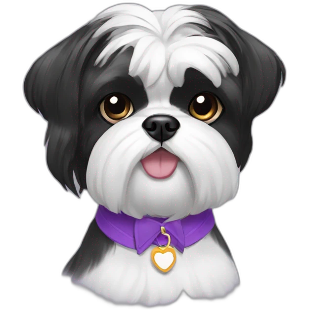 black and white shihtzu dog wearing a bun and a pueple collar emoji