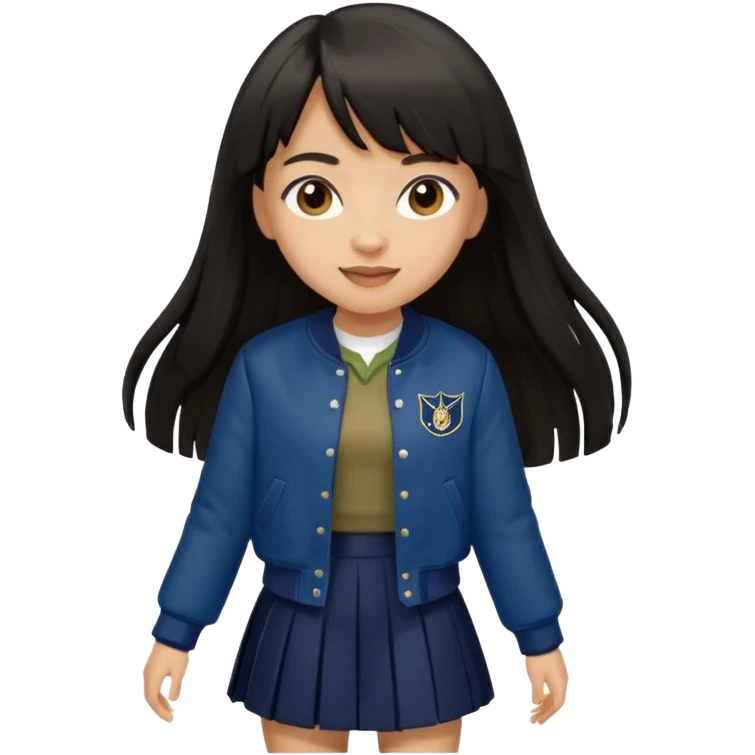 black color long hair with fringe, light skin long hair girl with brown varsity jacket and navy long skirt walking

 emoji