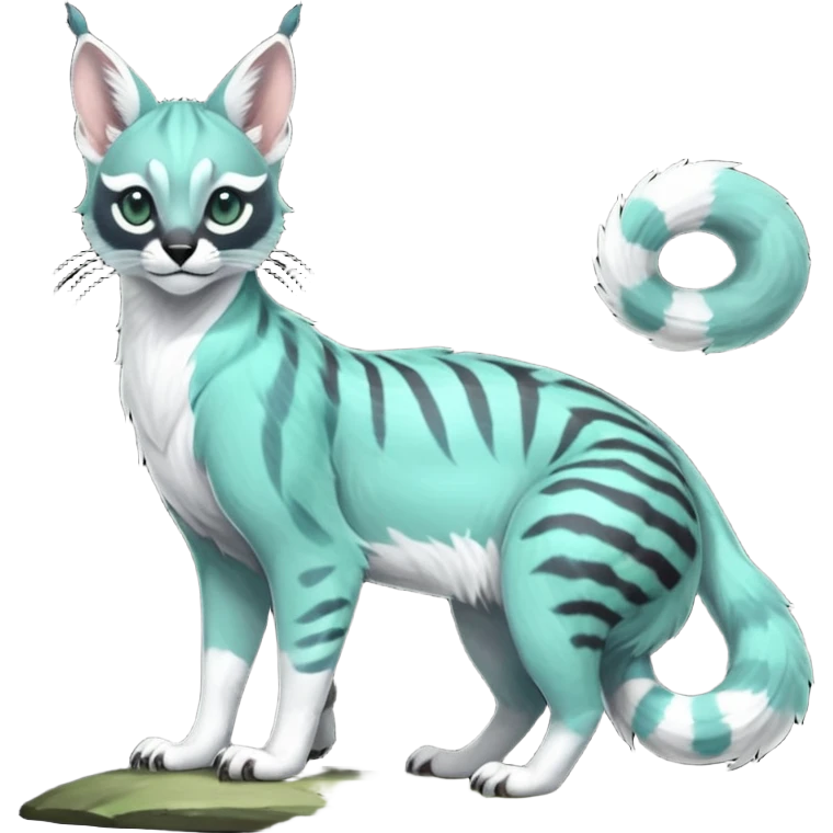 Colorful dark tropical pale light jade-green, mint-blue, whitish pastel white glorious divine exotic cute cool beautiful shiny beautiful fantasy-caracal-civet-genet-sergal-vernid-Gryphon-Cacomistle-Trico-oncilla-animal-Fakémon-hybrid-fursona (full body) emoji