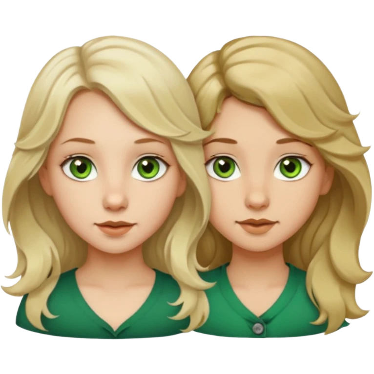 two girls. 1# girl: blonde long hair a bit wavy, green eyes, small button nose, very pale skin.  2# girl: short brown hair (wolfcut), brown eyes but a little green in them, very small button nose. emoji