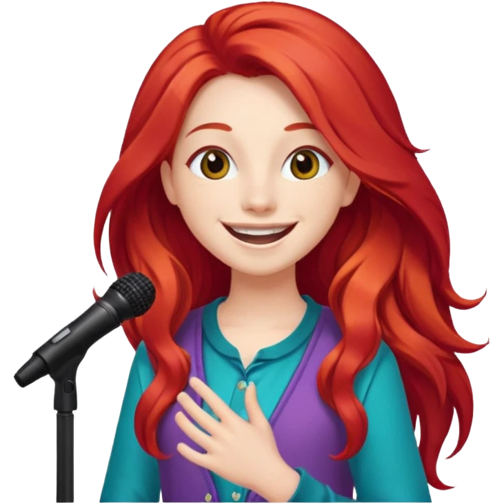 A red long hair cheerful teen singer with colorful outfit, performing with big smile.
 emoji