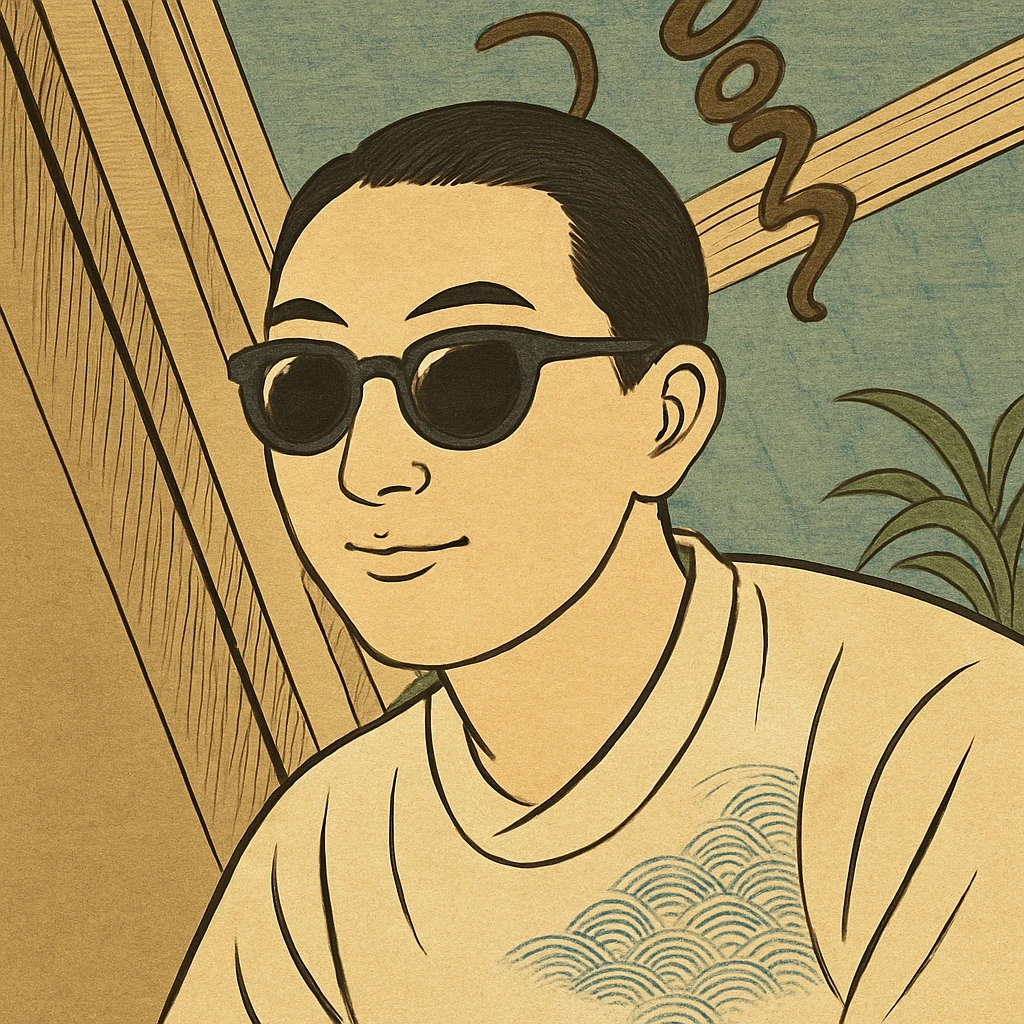Remove the hat and add sunglasses to the person in ukiyo-e style, keeping bold outlines and soft color gradients. emoji
