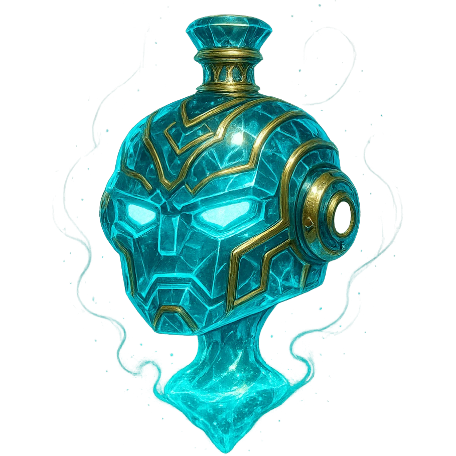 luxurious crystal elixir bottle in the shape of a robot head, cyan color, lots of glowing, edges, ornaments, golden details, magical effects, very small golden neck, transparent background, beautiful merging bottom, clearly floating in the air, no base or shadow, premium class impression, interesting futuristic design, matching a collection of crystal, luxurious, magical bottles emoji
