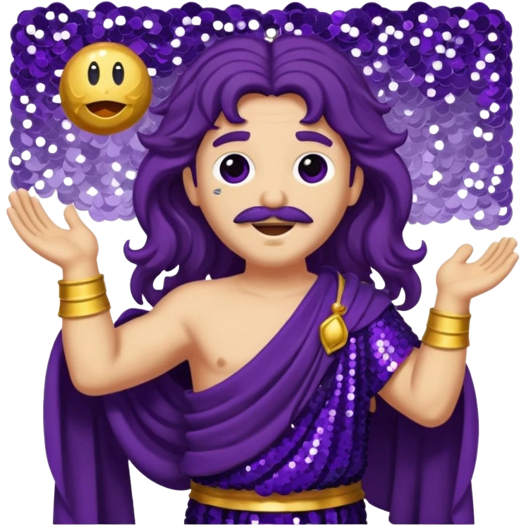  Pluto from Roman Deities with long deep purple wavy hair, deep purple sequin toga emoji
