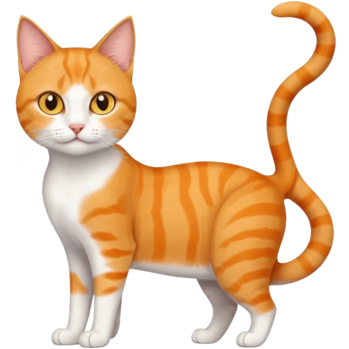 full body orange domestic shorthair slim cat with yellow/orange eyes paw being white and the other being half emoji