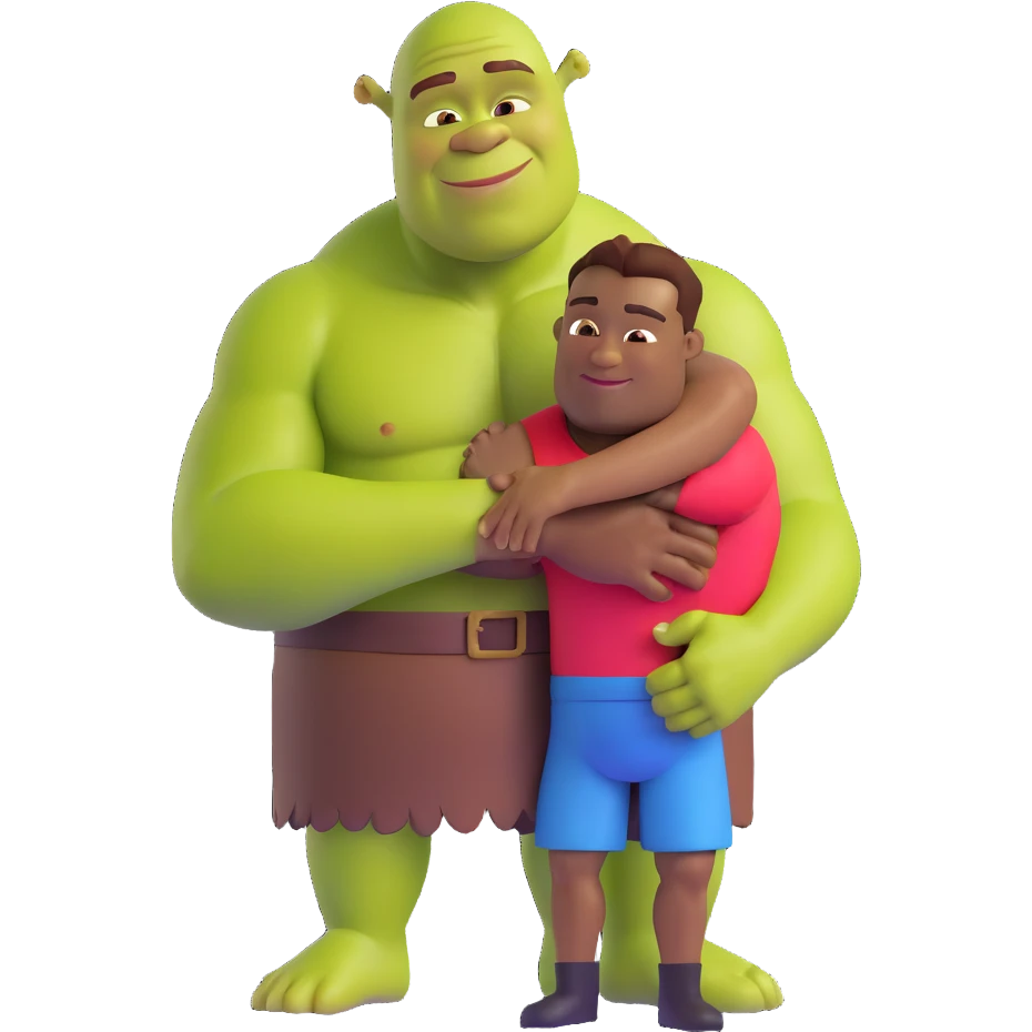 a black muscular man hugging Shrek, 3D emoji style emoji