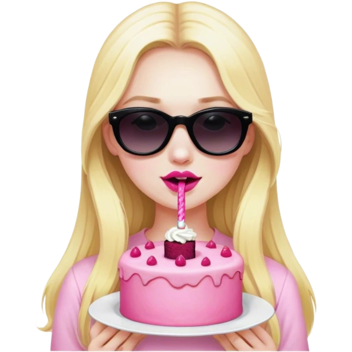Blonde girl with pale skin and long hair wearing black sunglasses having pink cake  emoji