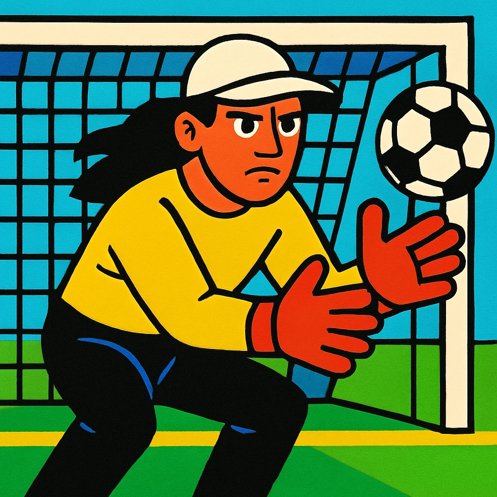 un portero de fútbol con ropa amarilla, gorra blanca, pelo largo negro, pantalón negro, guantes rojos y cara seria, estilo ilustración colorida emoji