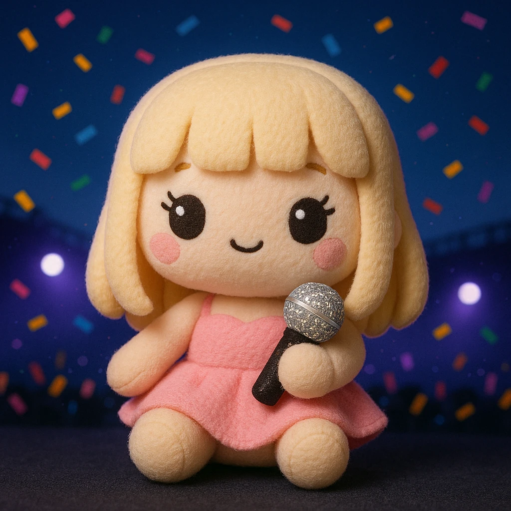 Pretty and girly Blonde pop star with bangs, holding a bedazzled microphone, reimagined as a soft kawaii plushie doll, with a nighttime concert backdrop with colorful confetti emoji