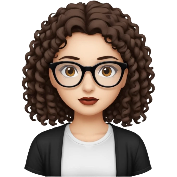 I want to describe me. I am a girl with brown hair amd curly hair. I have brown eyes and black glasses and long lashes with mascara. My lips are medium and my nose as well. I wear a white T-shirt. I am white skin with long curly hair. I want longa lashes with loong curly hair emoji
