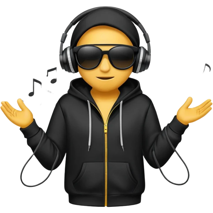 a hoodie with sunglasses and headphones with dancing motion lines emoji